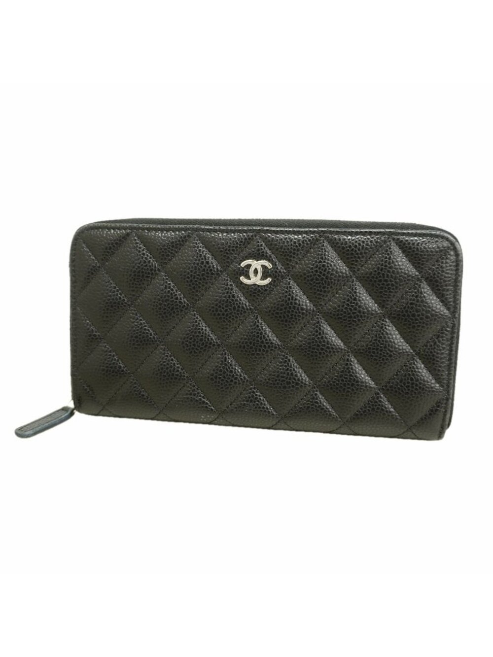 Chanel Wallet Quilted Caviar Leather Black Silver